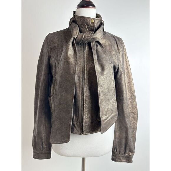 BAGATELLE Metallic Brown Leather Motorcycle Jacket Size Medium Scarf Tie Biker - Picture 10 of 16